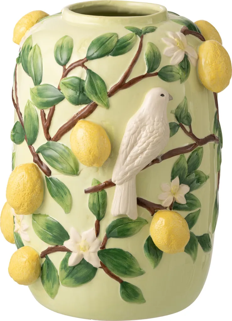 Grand Vase Décoratif en Céramique Motif Citron et Oiseau Style Riviera