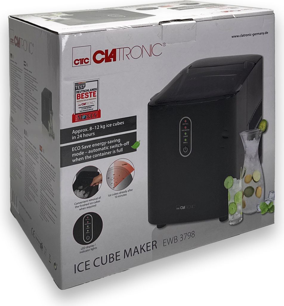 The image shows the retail packaging of a Clatronic ice cube maker.
