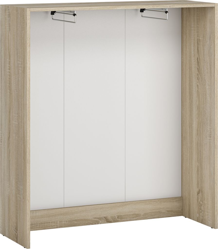 A front view of a wardrobe with three doors, made of wood-effect material and white panels.