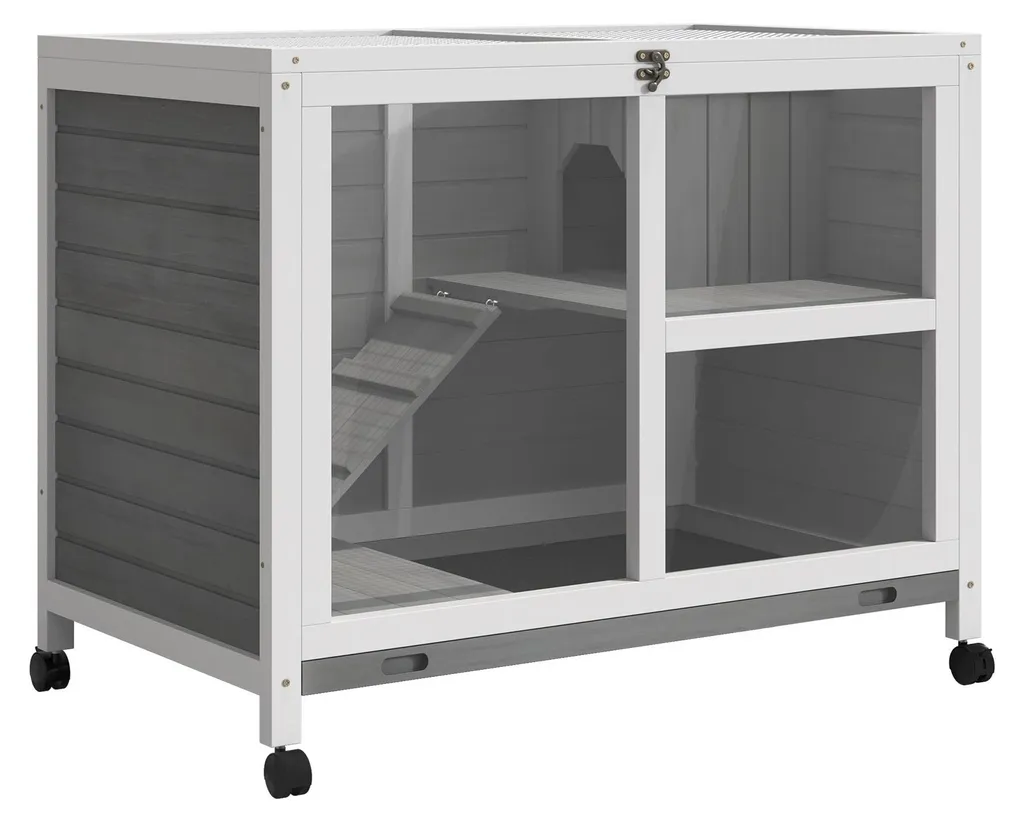 Clapier mobile anti-odeur en bois gris, entretien facile 2 niveaux