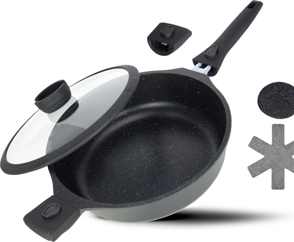 DIVORY Schmorpfanne 28cm Induktion, Servierpfanne mit Deckel 4,2l – Abnehmbarer Griff, beschichteter Kochtopf backofenfest, Aluminium Schmortopf ...
