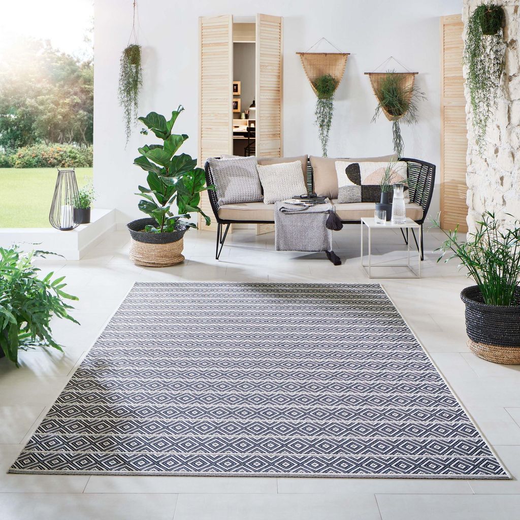 Steffensmeier Indoor Outdoor Teppich Öland Balkon Terrasse Küche Garten wasserfest Kunststoff, strapazierfähig , Streifen Beige Blau, 80x150 cm