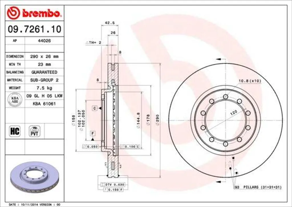 Disque de frein ventilé pour Mascott - Remplacement BREMBO 09.7261.10