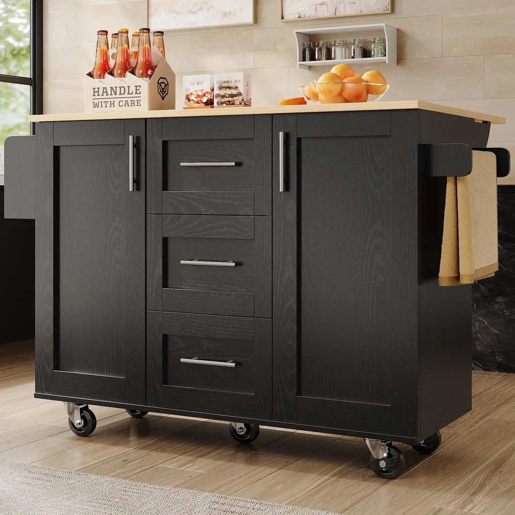 Desserte de Cuisine Amovible Noire avec Grand Plan de Travail 135cm