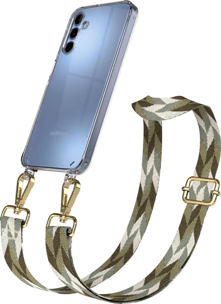 EAZY CASE Handykette - Verstellbarer Trageriemen kompatibel mit Samsung Galaxy A15, Handykordel mit transparenter Silikon-Hülle, Karabiner Gold, M...