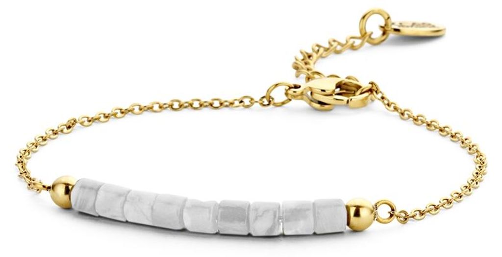 CO88 Collection Serenity 8CB-90379 Stahlarmband mit Perlen – Howlith 3,8 cm – Länge 16,5 + 3 cm – Goldfarben / Weiß / Grau