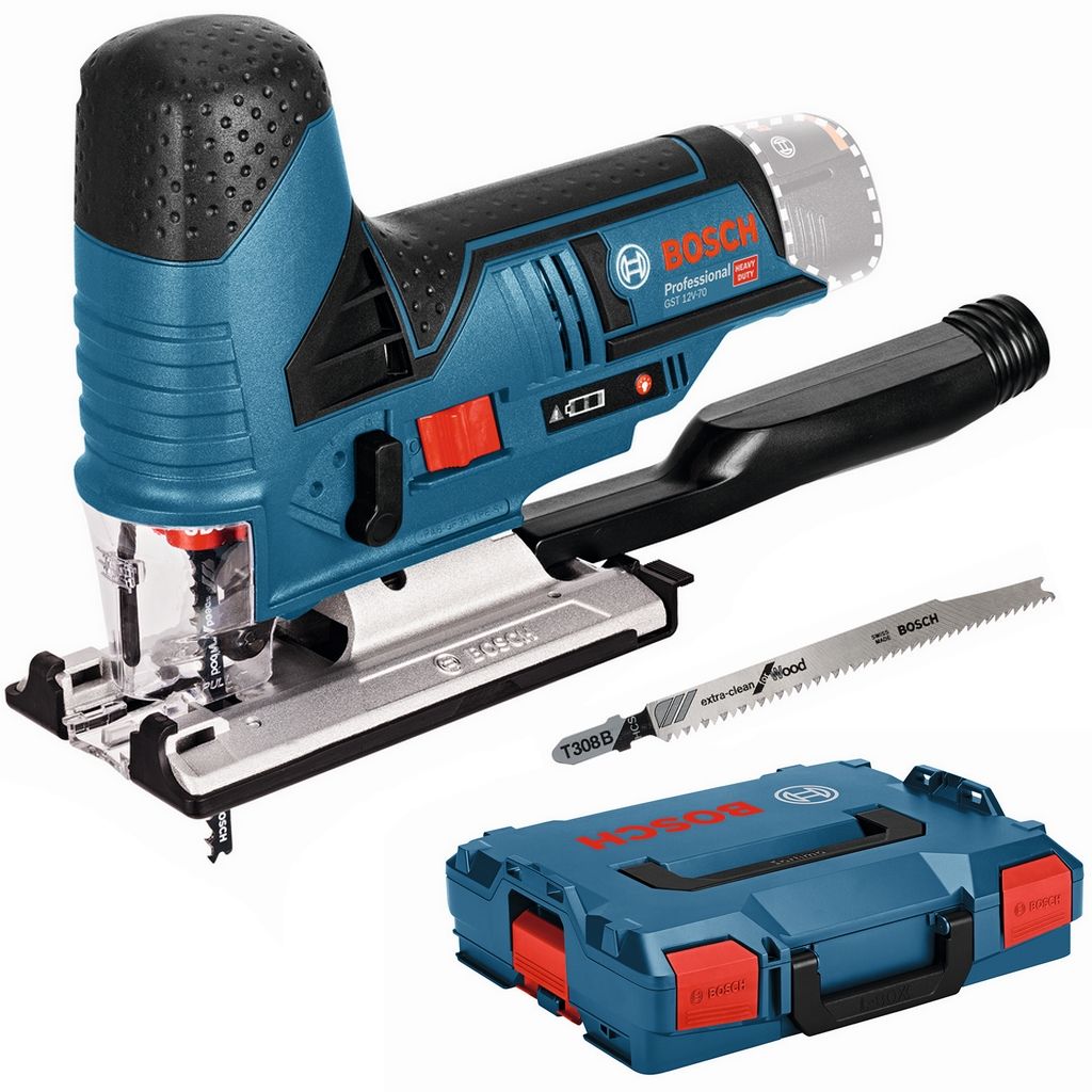 A Bosch jigsaw, a saw blade, and a storage case are displayed against a white background.