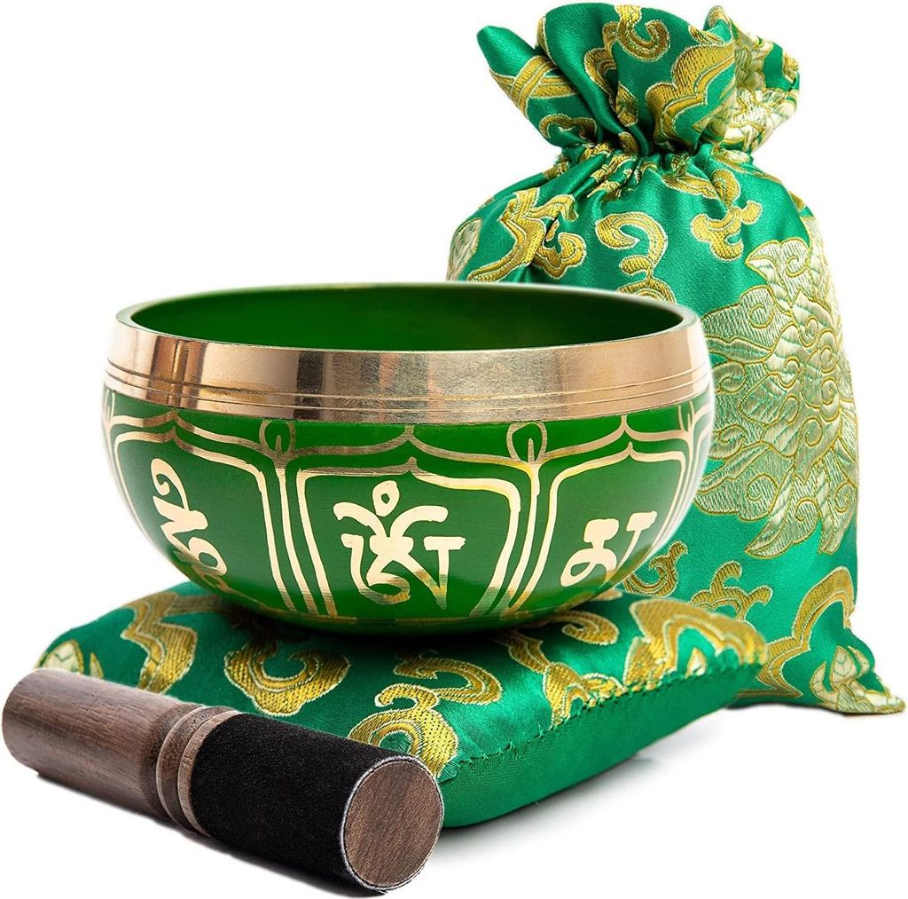 Tibetische Klangschalen-Set - Anfänger - handgefertigt - Achtsamkeitsmeditation - Ganzheitlicher Klang - 7 Chakra Heilung - Himalaya Bazaar - Smaragd