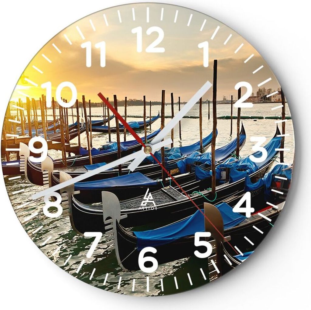 Wanduhr - Rund - Glasuhr - Venedig Gondel - 30x30cm - Schleichendes Uhrwerk - Lautlos - zum Aufhängen bereit - Dekoration Modern - Wanddekoration ...