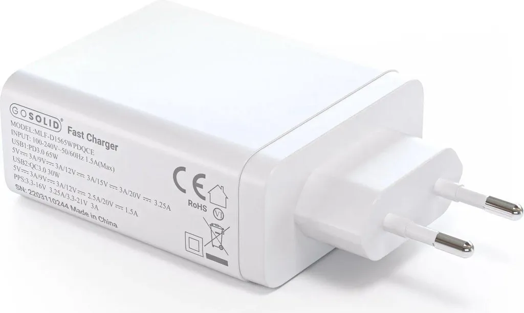 GO SOLID! Adaptateur USB Dual-Port 65W PD Chargeur Rapide USB-A et USB-C