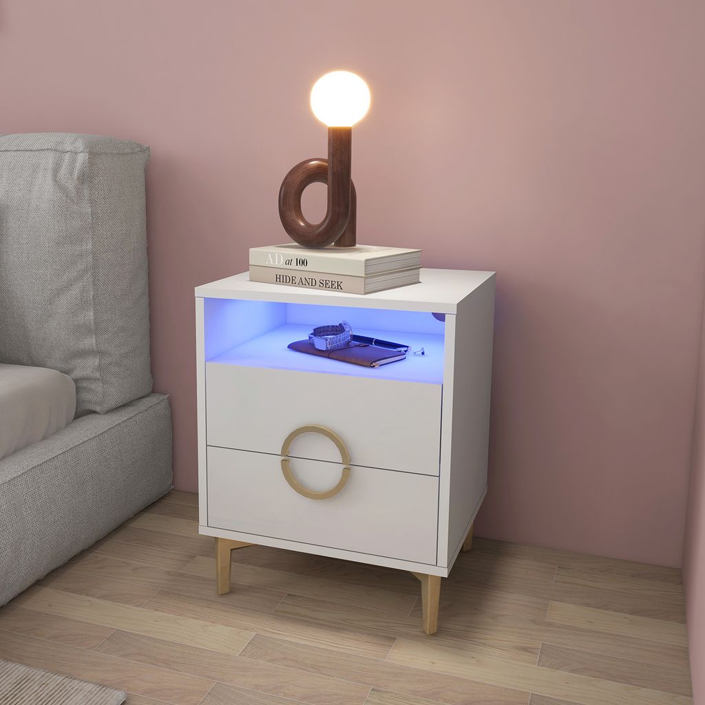 Nachttisch 57cm hoch Beistelltisch mit 2 Schubladen 1 Regal weiß