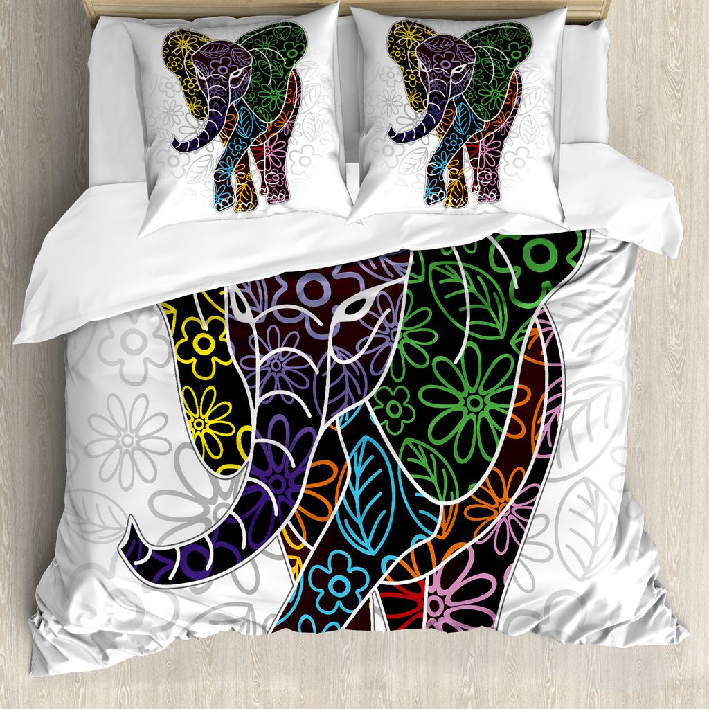 ABAKUHAUS Elefant Bettbezugs Set Für Doppelbetten, Floral Tribal Formen, Milbensicher Allergiker geeignet mit Kissenbezügen, Beige Grün und Gelb