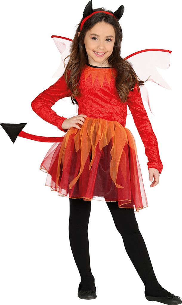 Dämonen Kostüm Teufel Haarreif Kleid Flügel Schwanz Halloween Outfit Kinder Party, Größe: 128/134 Farbe: Rot