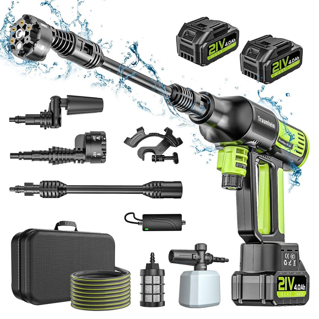 120Bar Akku Hochdruckreiniger mit 2×4000mAh Akkus, 4-Stufen Druck Hochdruckreiniger mit 180° Rotationsdüse - Für Winterreinigung Auto Terrasse ...