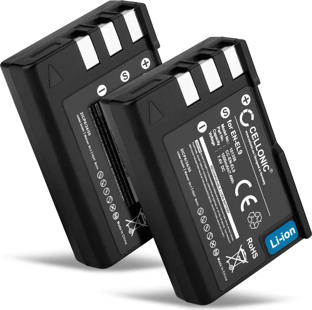Batteria Nikon D5000 D3000 EN-EL9 CELLONIC - Kit 2 Pezzi 1000mAh