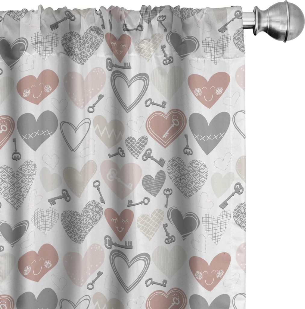 ABAKUHAUS Valentinstag Vorhänge, Gardinen, Schöne Lustige Herzen mit Mehrere Ornamente und Vintage-Key Icons, 2 Stück 75 x 225 cm, Mehrfarbig