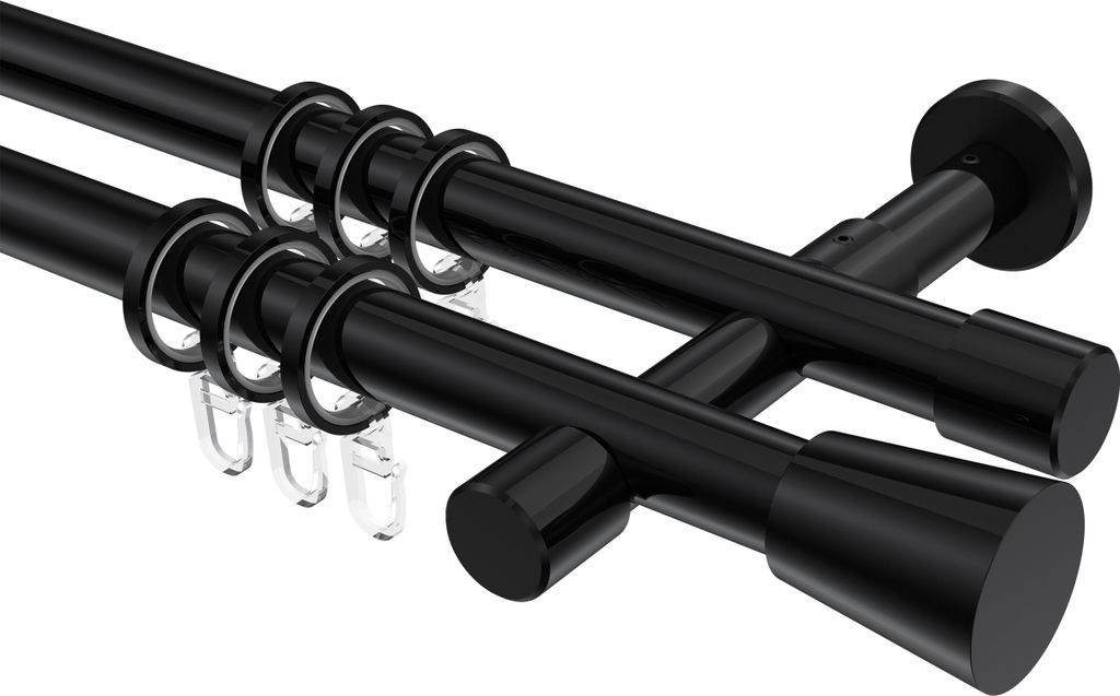 Interdeco Gardinenstange / Vorhangstange Schwarz, Typ Prestige Sitra (Konus), 20 mm Ø 2-läufig, 260 cm