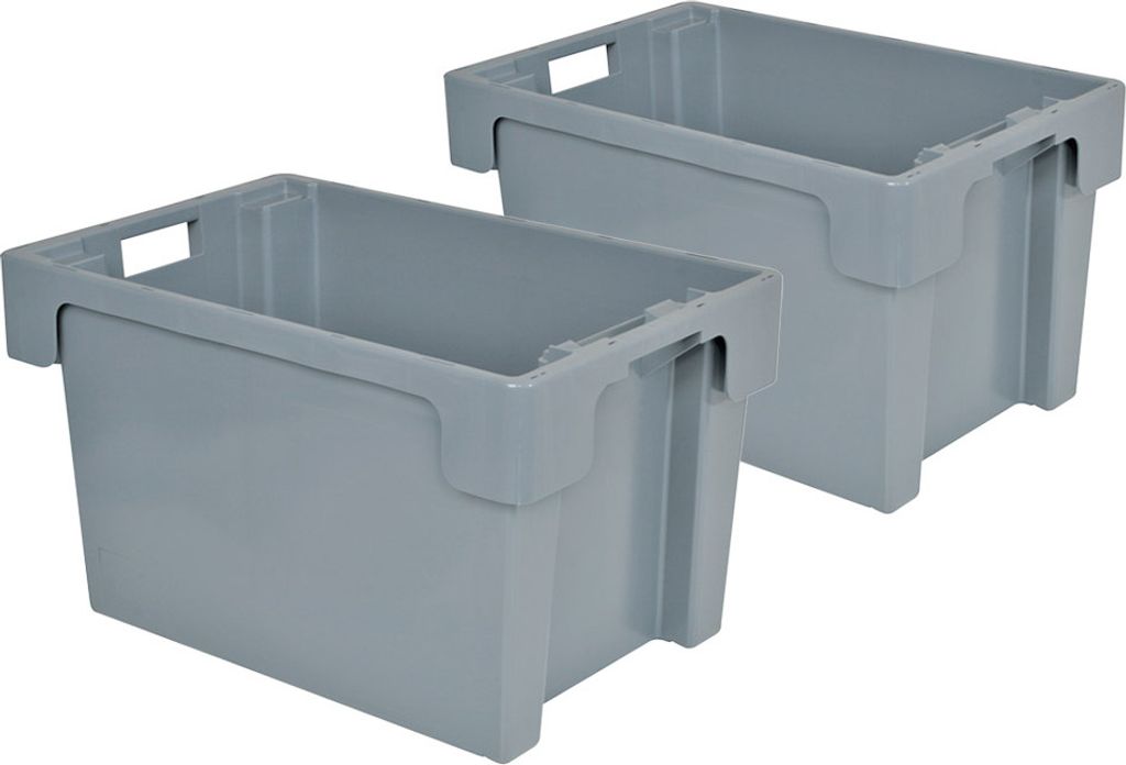 2 Drehstapelbehälter, LxBxH 600x400x350 mm, 60 L, grau, Boden/Wände geschlossen