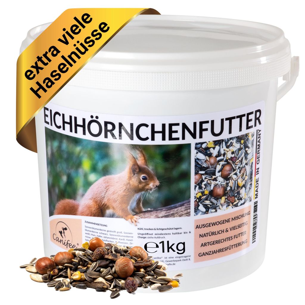 Canifee Eichhörnchenfutter - ganzjähriges Wildtierfutter im 1kg Eimer