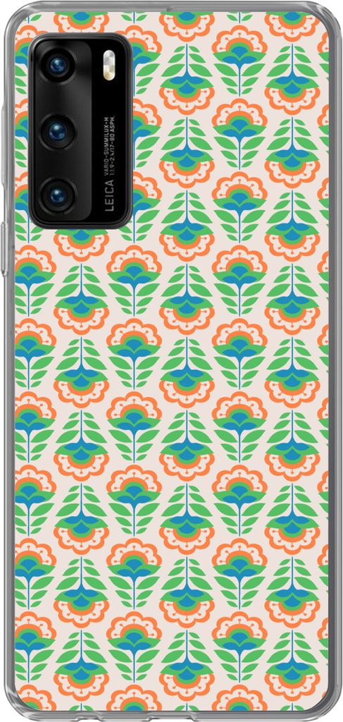 MuchoWow Handyhülle Schutzhülle Hülle für Telefoonhoesje Huawei P40 Retro - Blumen - Design - Grün - Orange Silikon Softcase Handy Hülle - ...
