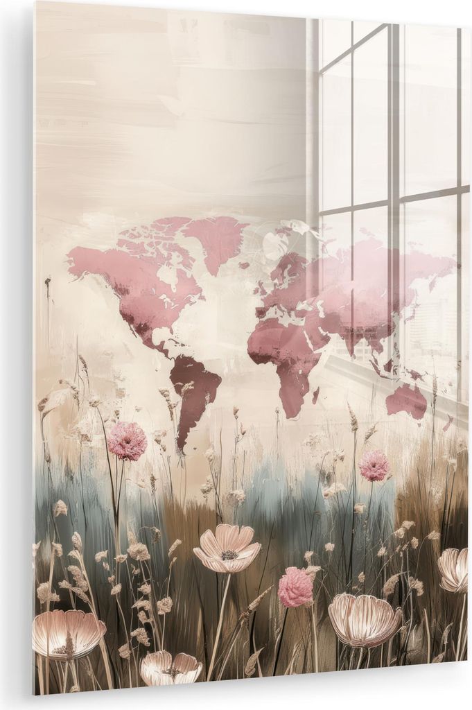 MuchoWow Glasbilder - Bilder auf Wandbild - Foto auf Glas Weltkarte - Rosa - Blumen 60x80 cm Wanddekoration aus Glas - Acrylglasbild - Acrylbilder ...