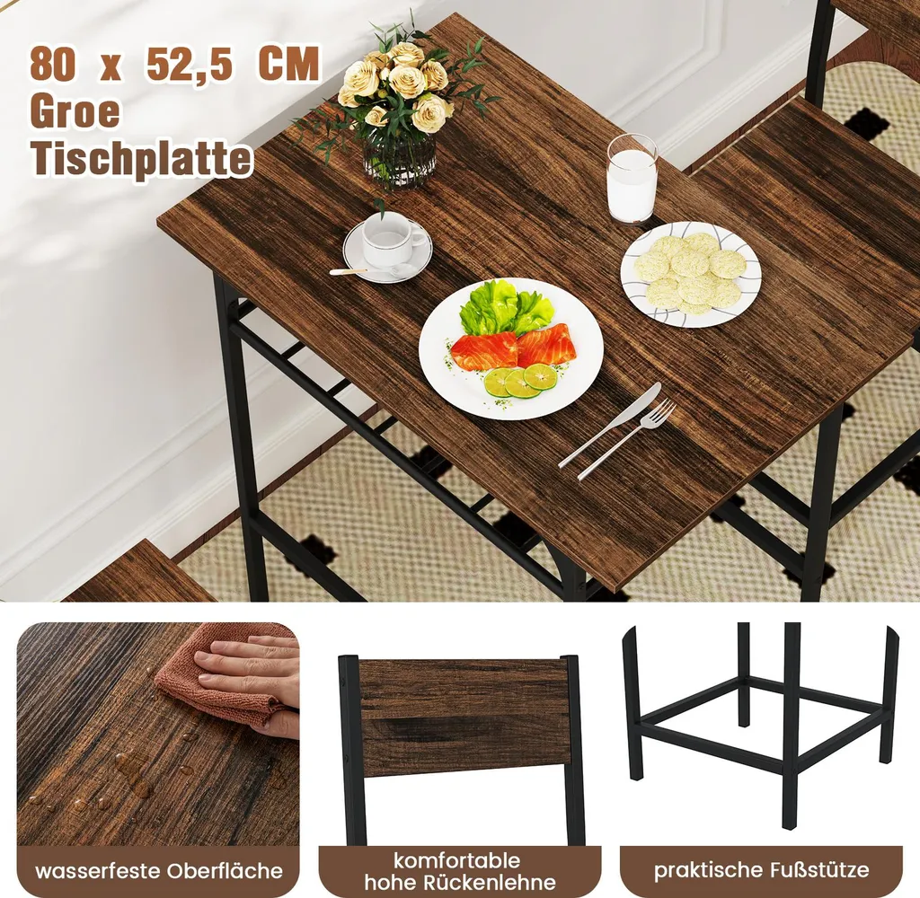Petit Ensemble Repas pour 2 Personnes avec Table et Chaises Style Industriel - 6