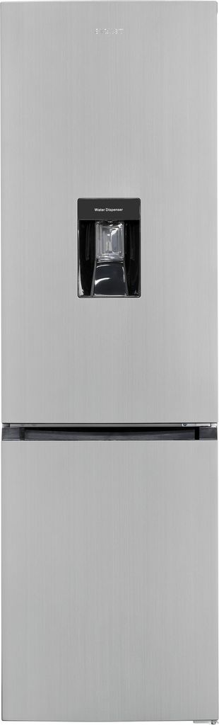 A front view of a silver refrigerator with a water dispenser.