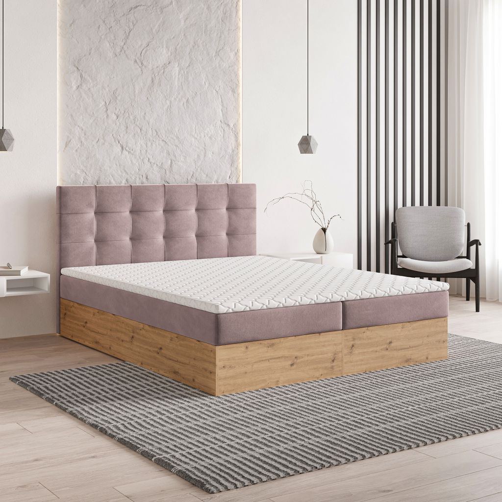Masseno Boxspringbett MOLVEN 160x200 cm Komplett-Set mit Bonell Matratze und Topper, Polsterbett mit Bettkästen -Rosa, SORO 61