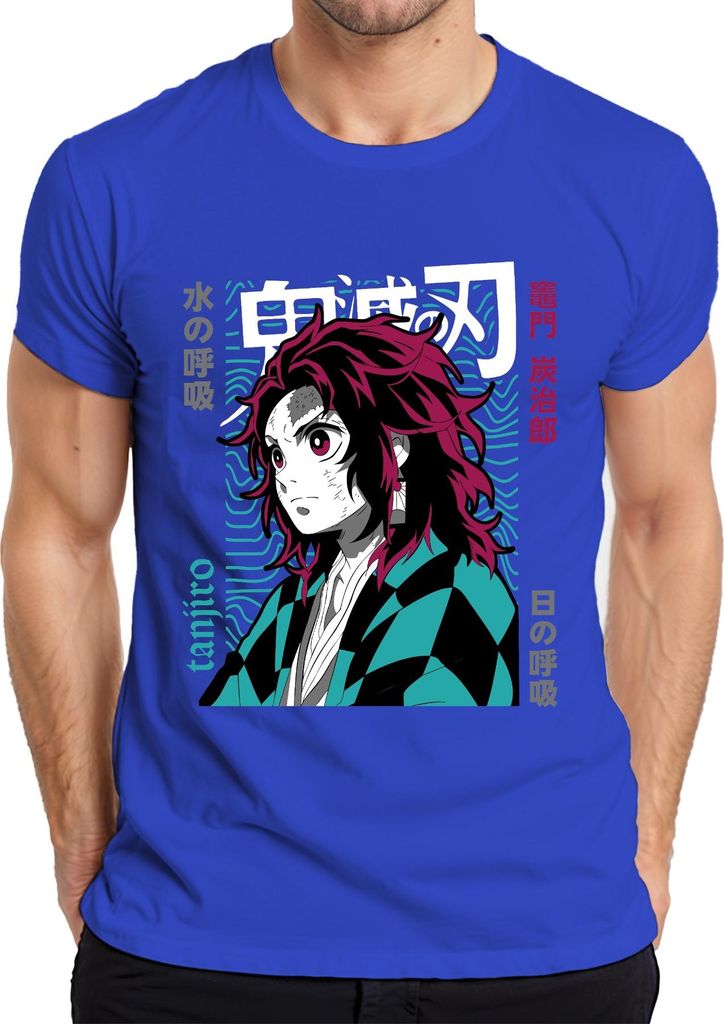 Tanjiro Demon Slayer Schwert Dämonenjäger Wasseratmung Japan Y2K Streetwear Herren T-Shirt, Blau, L
