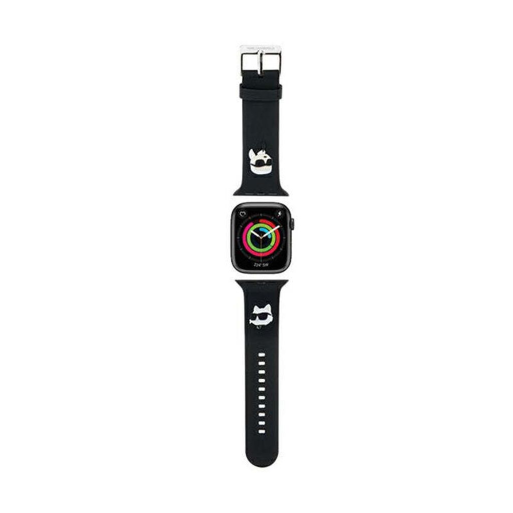 A black Apple Watch strap with a black watch face is shown against a white background.