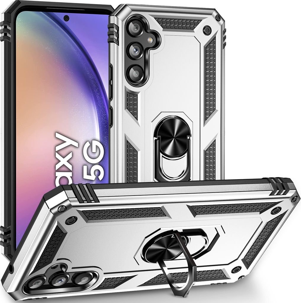 Schutzhülle für Samsung Galaxy A54, Dual Layer Robust Militäre Fallschutz Hülle mit Ringhalterung Ständer Silber