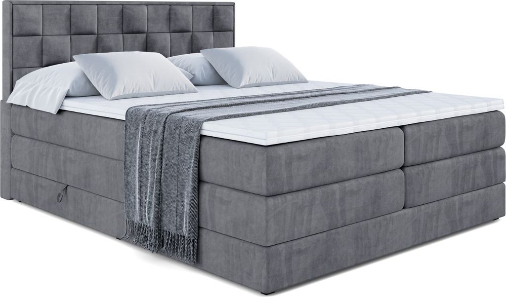 ALTDECOR Boxspringbett mit 2 Matratzen und Topper - 140x200 cm - ZAFIRA-BZ KING - Dunkelgrau Samt - Polsterbett mit, H3- und H4- Matratzen, Bettkas...