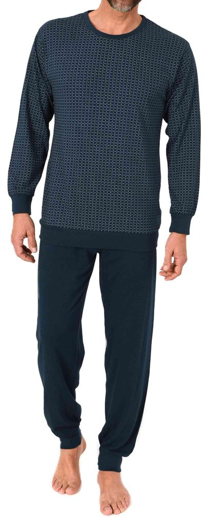 Normann Herren Schlafanzug langarm mit Bündchen Pyjama in edlen Minimimal-Print-Look ; türkis , 54