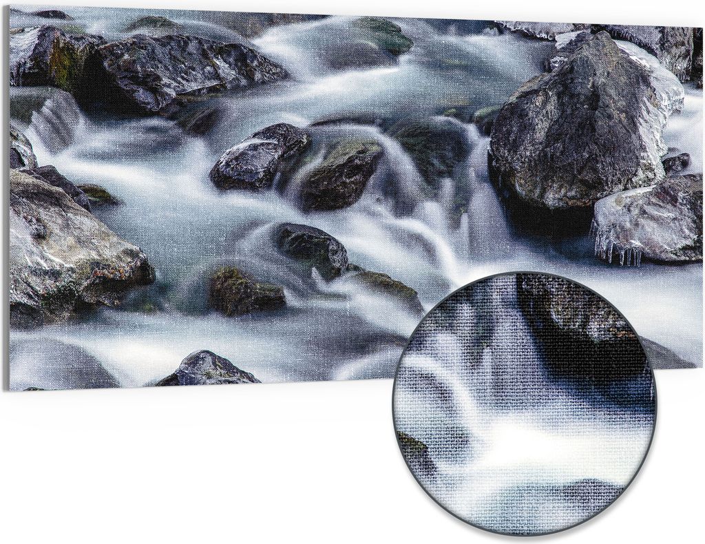 DEQORI Hybrid Leinwand Bild 100x50 cm 'Winterflusslauf' Wandbild Glas flach modern