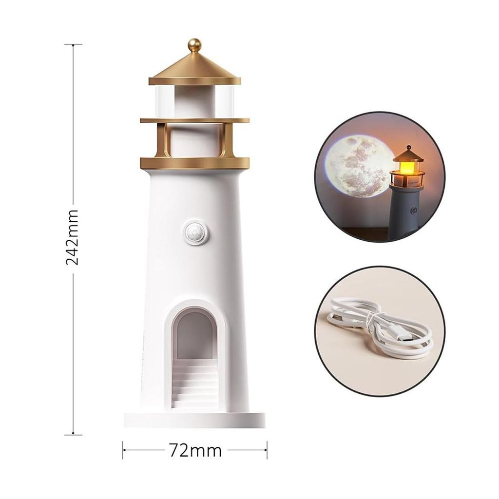 A white lighthouse lamp with gold accents, shown with dimensions and a projected image of a moon and another lighthouse.