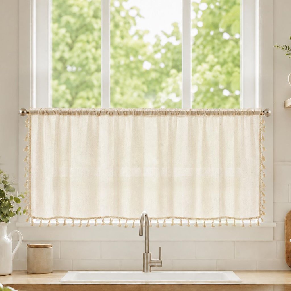 1 Stück Boho Scheibengardine mit Quasten Halbtransparent Produktbild 