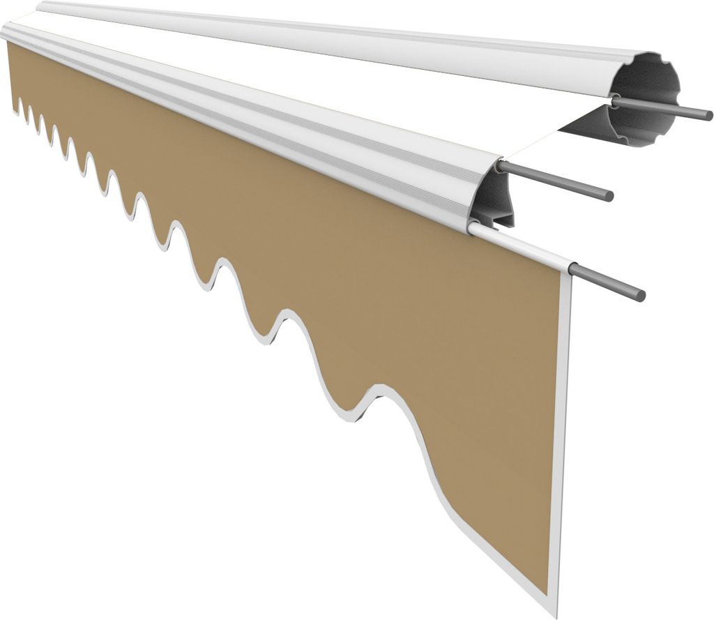 A close-up, angled view of a retractable awning's valance and mounting hardware against a white background.