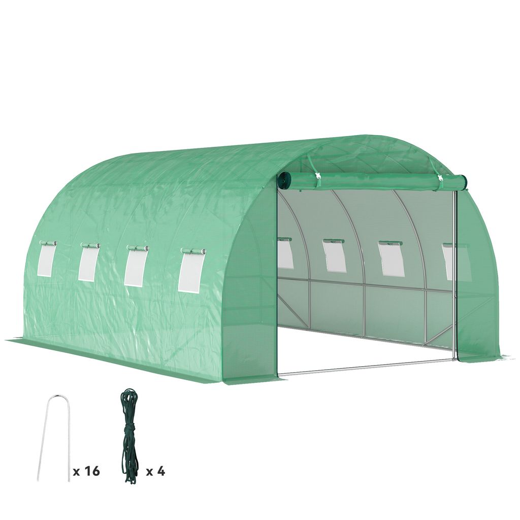 Outsunny Gewächshaus ca. 4 x 3 x 2 m Foliengewächshaus mit 8 Fenster, Rolltür, Aufrollbar Seitenwänden, UV-beständiger Folientunnel, Winterfest