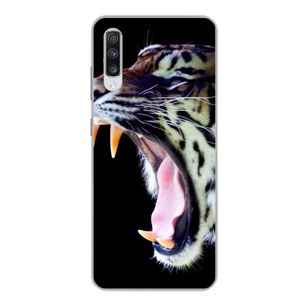 MuchoWow Handyhülle Schutzhülle Hülle für Samsung Galaxy A70 Brüllender Tiger auf schwarzem Hintergrund Silikon Softcase Handy Hülle