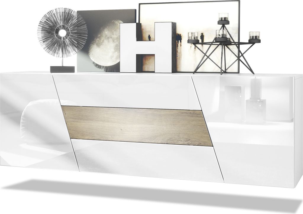 Vladon Sideboard Houston, Germany, hängende Kommode mit 2 Türen & 3 Schubladen, Korpus Weiß matt, Fronten Weiß Hochglanz, mittlere Schublade E...