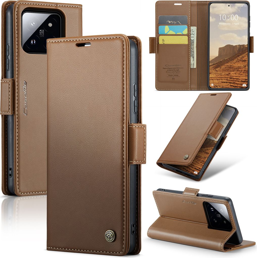 Xiaomi 14 Hülle, Leder Brieftasche Kartenfach Schutzhülle mit Standfunktion für Xiaomi 14 Braun