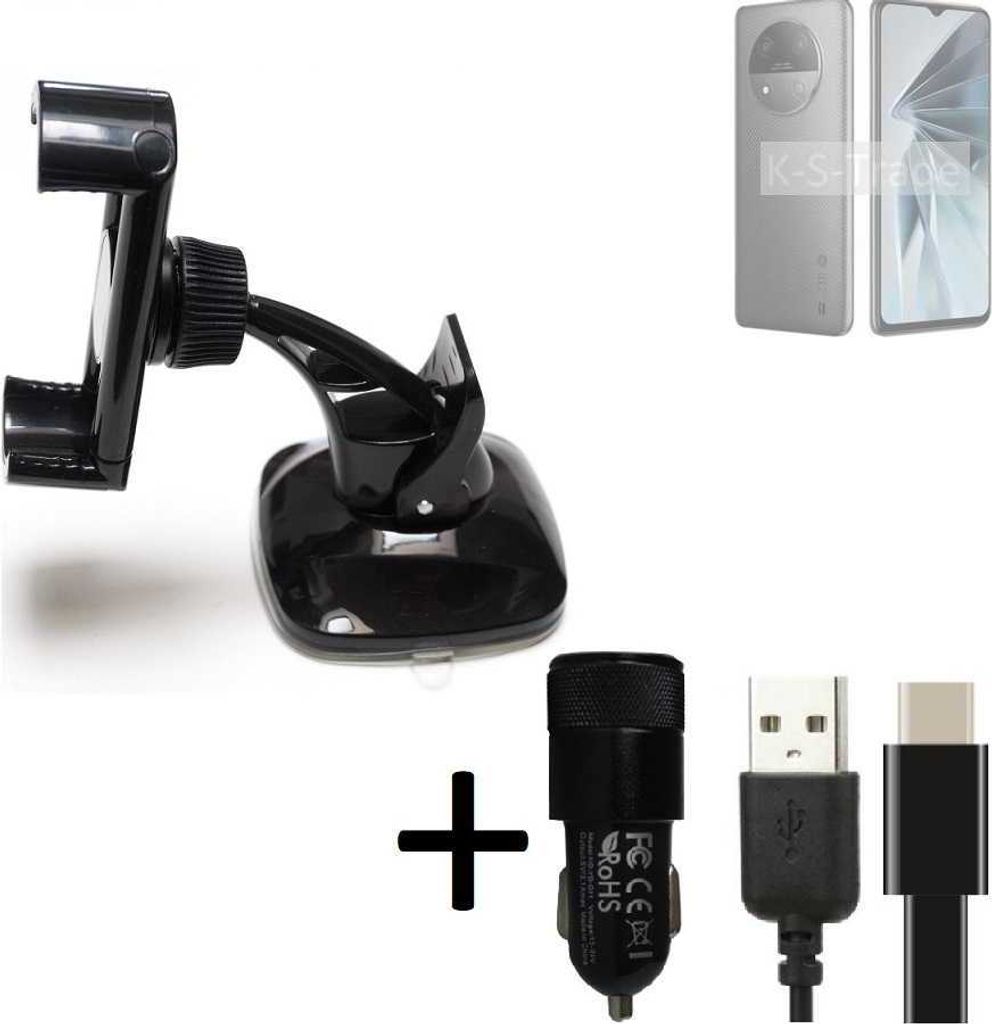 K-S-Trade Handy-Halterung kompatibel mit ZTE Extress 50 Windschutzscheibe / Armaturenbrett + LADEGERÄT mit Mico USB Kabel Autohalterung