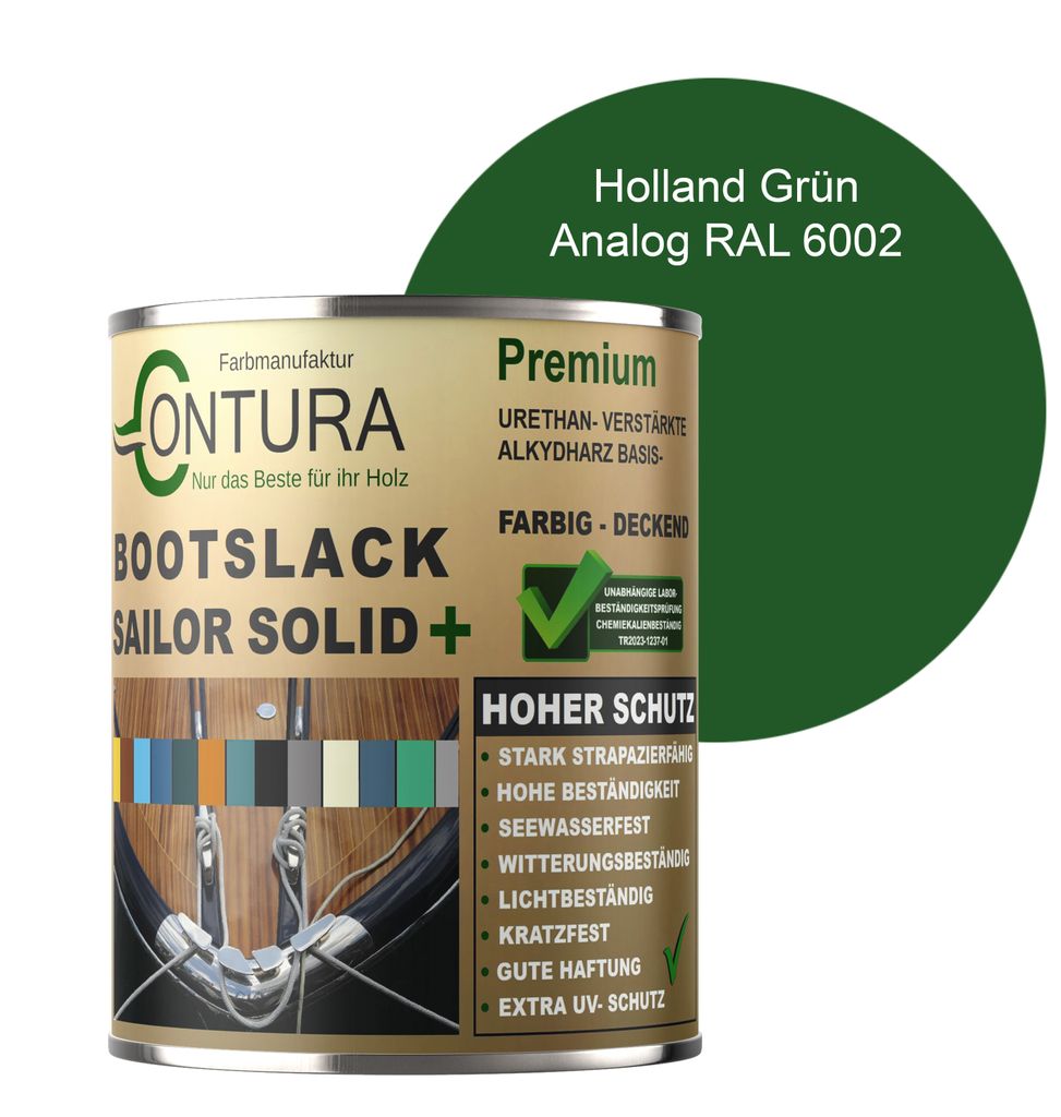 Contura Bootslack 1Liter. Farbig Glänzend Yacht- Buntlack Metall Holz GFK Holzlack Schiffslack RAL Boot - Holland Grün RAL 6002 Analog