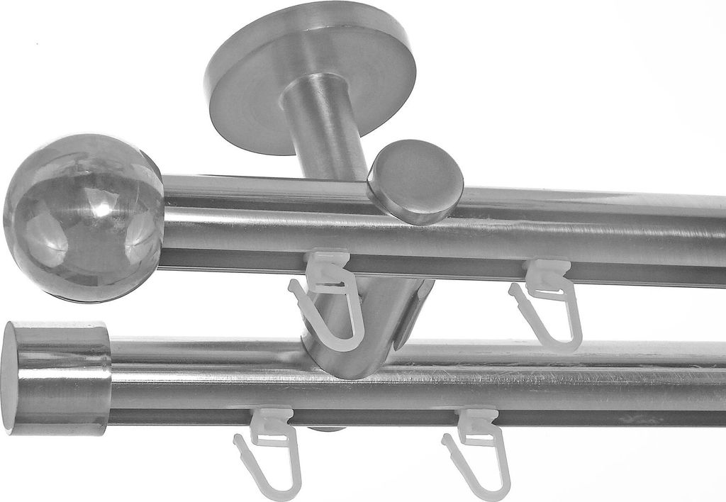 Innenlauf Gardinenstange Edelstahl Look 20mm Deckenbefestigung, 2-läufig Kugel, Länge wählbar D40 E33E30
