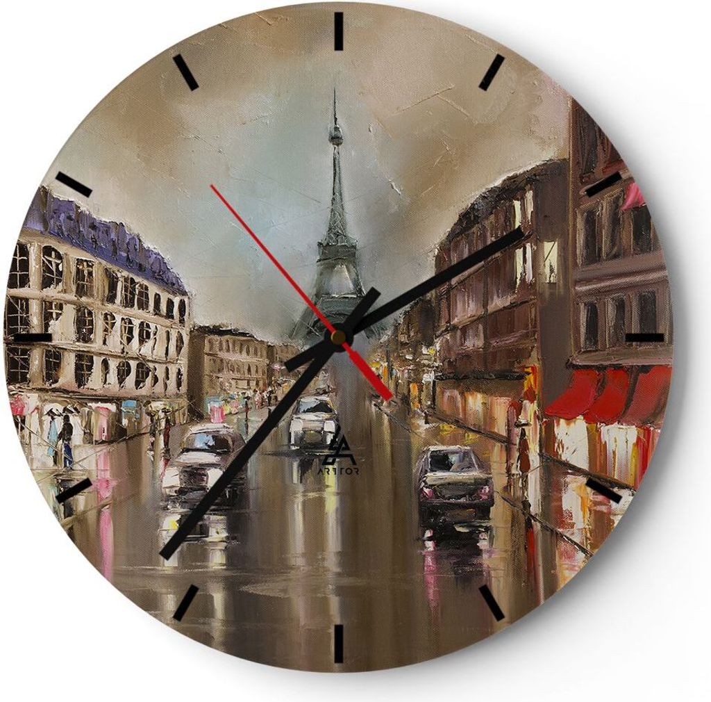 Wanduhr - Rund - Glasuhr - Paris Turm Straße - 30x30cm - Schleichendes Uhrwerk - Lautlos - zum Aufhängen bereit - Dekoration Modern - Wanddekorat...