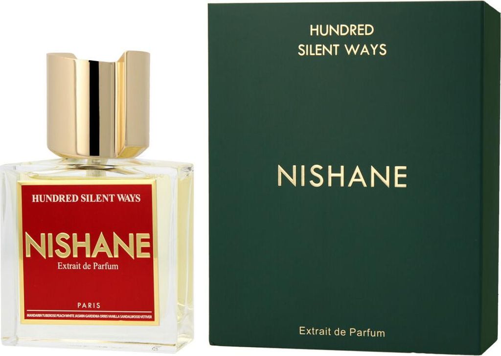 A bottle of Nishane Hundred Silent Ways perfume and its packaging are displayed side-by-side against a white background.