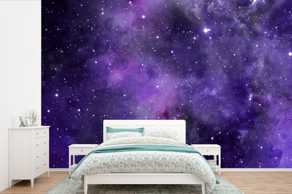 MuchoWow Fototapete für Wohnzimmer oder Schlafzimmer Wandtapete Vinyl Motivtapete Aquarell - Sterne - Lila - 420x280 cm - Zimmer für Kinder