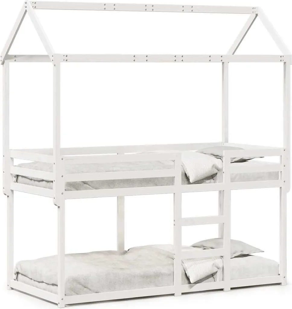 Lit superposé 90x200 cm en bois massif blanc avec toit décoratif chic