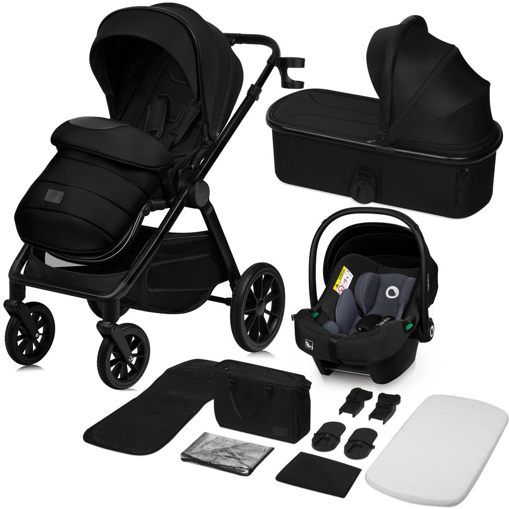 A black 3-in-1 stroller system with a bassinet, car seat, and accessories laid out on a white background.