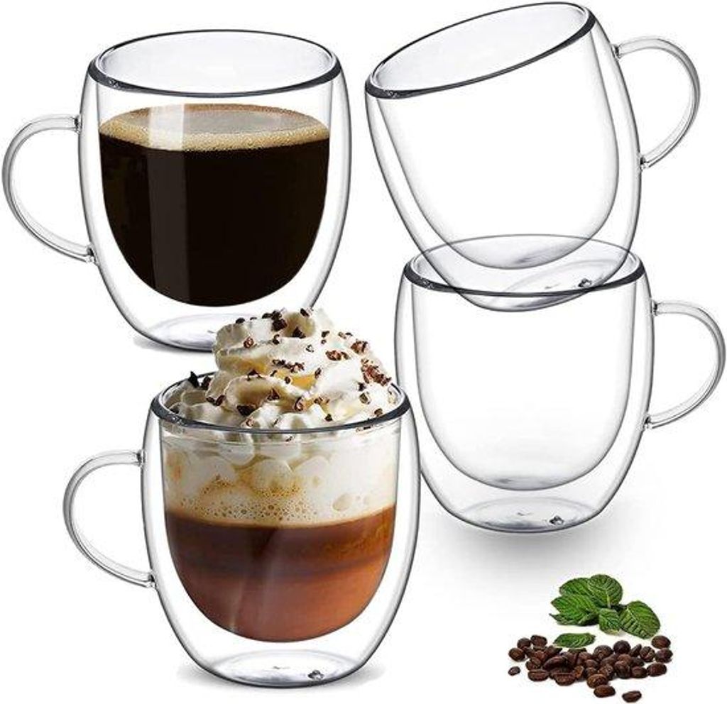 Set von 4 Doppelwand-Gläsern für Kaffee 250ml Gläser für Tee mit Henkeln für Latte, Espresso, Cappuccino, schwarzen Tee heiße/kalte Getränke